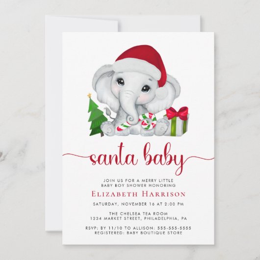 Weihnachtslephant Santa Baby Boy Dusche Einladung (Vorderseite)