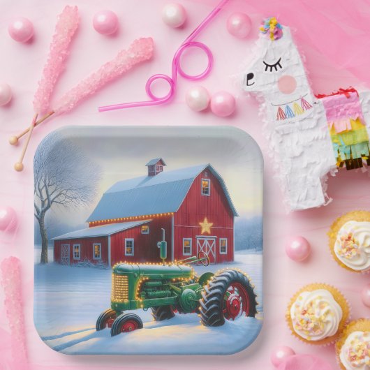 Weihnachtsleuchten auf einem grünen Bauerntraktor Pappteller (Party)