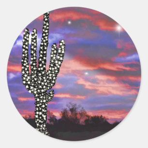 Weihnachtslicht auf Wüste Saguaro Kaktus Runder Aufkleber