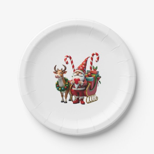 Weihnachtslicht-Gnom Weihnachtsmann auf Schlitten Pappteller (Vorderseite)