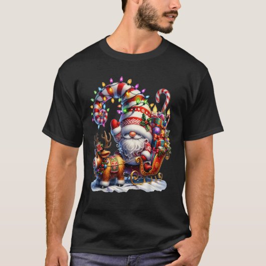 Weihnachtslicht Gnome Santa Claus Riding Sleigh Hi T-Shirt (Vorderseite)
