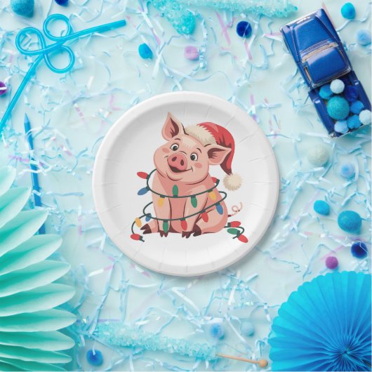 Weihnachtslicht Schwein mit Weihnachtshut - Pig Lo Pappteller (Party)