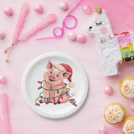 Weihnachtslicht Schwein mit Weihnachtshut - Pig Lo Pappteller (Party)