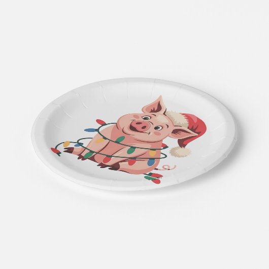 Weihnachtslicht Schwein mit Weihnachtshut - Pig Lo Pappteller (Schrägansicht)