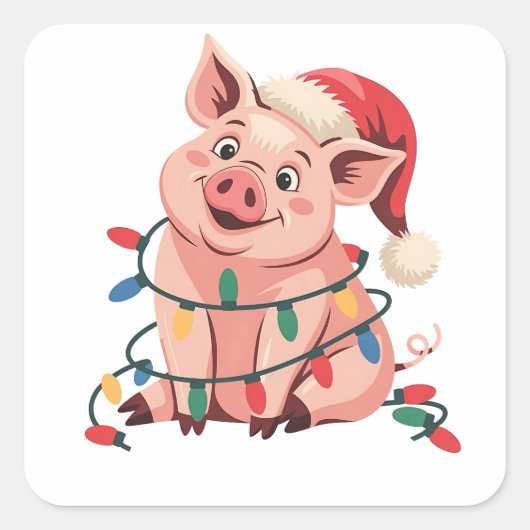 Weihnachtslicht Schwein mit Weihnachtshut - Pig Lo Quadratischer Aufkleber (Vorderseite)