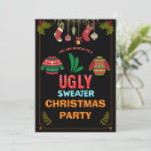 Weihnachtslicht Ugly Sweater Party Black Theme Einladung (Stehend Vorderseite)