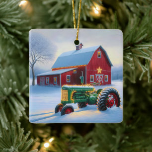 Weihnachtslichter auf einem grünen Landtraktor Keramikornament