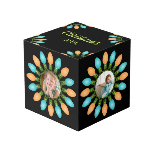 Weihnachtslichter Circle Orange und Blue Foto Cube Würfel (Vorderseite Schrägansicht)