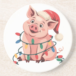 Weihnachtslichter Schwein mit Xmas Hut - Schwein L Getränkeuntersetzer