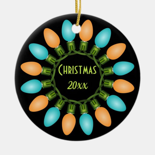 Weihnachtslichtkreis in Orange und Blau Keramik Ornament (Vorne)