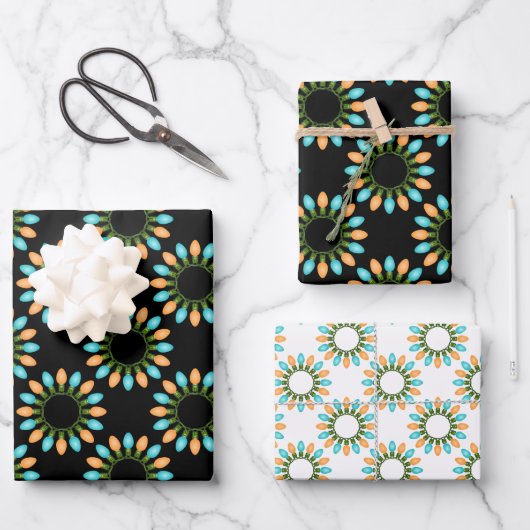 Weihnachtslichtkreise Muster Orange und Blau Geschenkpapier Set (Vorderseite)