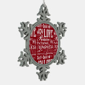 WeihnachtsLiebe-Freude-Frucht der Geist-Typografie Schneeflocken Zinn-Ornament (Links)