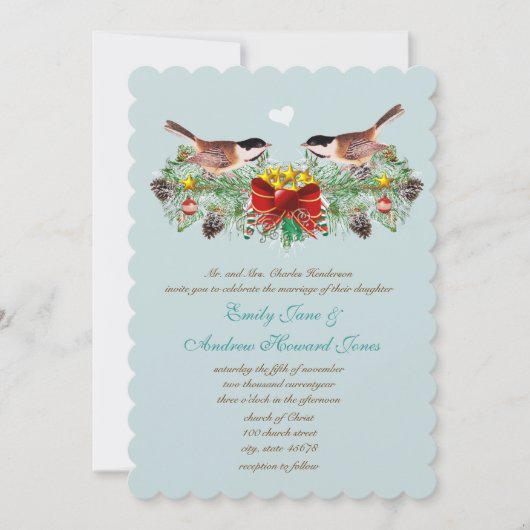 Weihnachtsliebevögel Chickadees Hochzeit Einladung (Vorderseite)