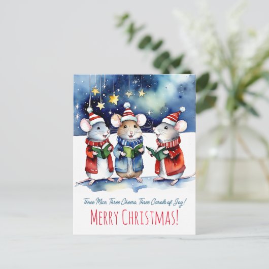 Weihnachtslieder Mäuse singen Aquarell niedlich Postkarte (Stehend Vorderseite)