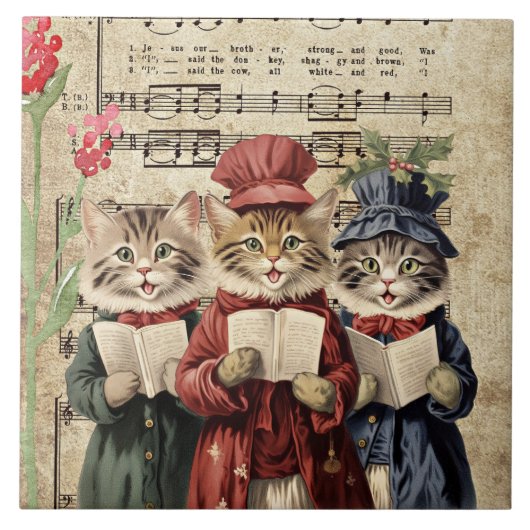 Weihnachtslieder singende Katzen Fliese (Vorderseite)
