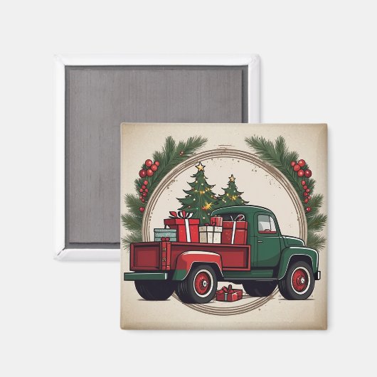Weihnachtslkw mit Bäumen und Geschenken Magnet (Vorderseite/Rückseite)