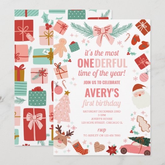 Weihnachtsmädchen 1. Geburtstag Einladung (Vorne/Hinten)
