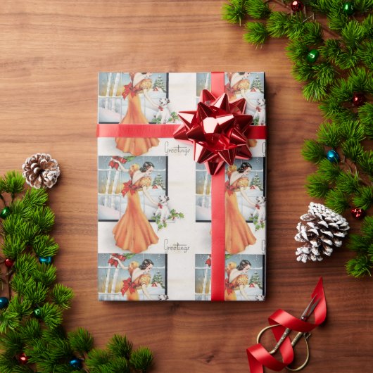 Weihnachtsmädchen an einem Fenster mit ihrem Hund Geschenkpapier (Feiertagsgeschenk)