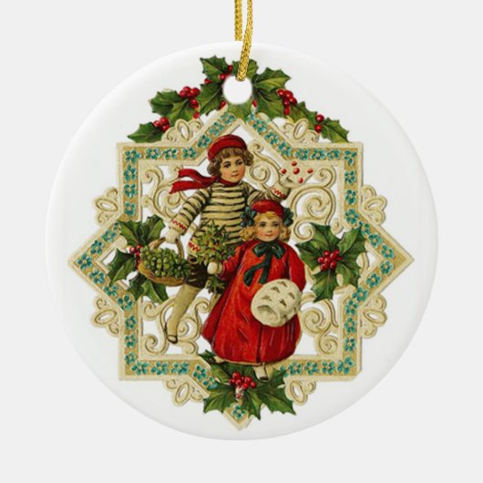 Weihnachtsmädchen auf bestickter Vintager Schneefl Keramikornament (Vorne)