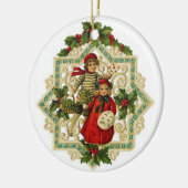 Weihnachtsmädchen auf bestickter Vintager Schneefl Keramikornament (Links)