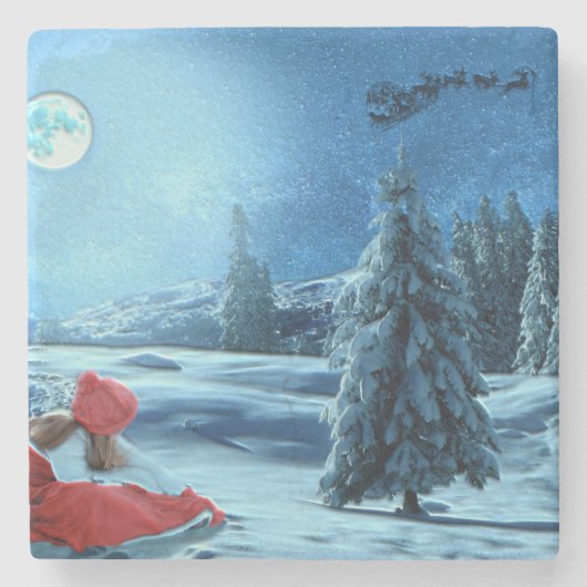Weihnachtsmädchen auf Schlitten Steinuntersetzer (Vorderseite)