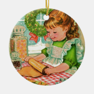 Weihnachtsmädchen beim Backen von Keksen, Vintage, Keramikornament