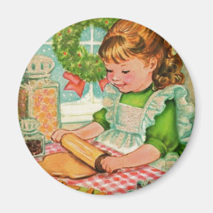 Weihnachtsmädchen beim Backen von Keksen, Vintage Magnet