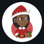 Weihnachtsmädchen-Cartoon Runder Aufkleber<br><div class="desc">Rundaufkleber mit einer Illustration eines niedlich lächelnden,  glücklichen afroamerikanischen Mädchens mit langen schwarzen Haaren,  trägt das Mädchen ein Weihnachtskostüm mit einem roten Hut und hält ein Geschenk; in einem roten Kreis auf weißem Hintergrund,  Um mehr von meinen Zeichentrickfiguren zu sehen,  besuchen Sie bitte meinen Laden</div>