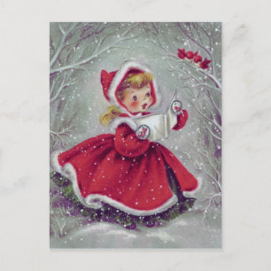 Weihnachtsmädchen der 1950er Jahre im Schnee mit V Feiertagspostkarte
