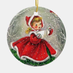 Weihnachtsmädchen der 50er Jahre in Kleidung Keramikornament