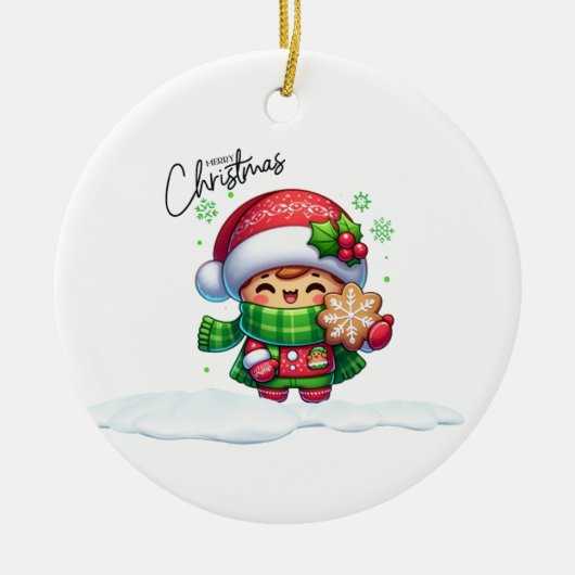 Weihnachtsmädchen halten ein Cookie Keramik Ornament (Vorne)