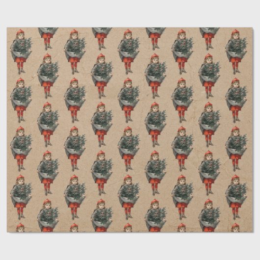 Weihnachtsmädchen & Holly Berries Kraft Geschenkpapier (Flach)