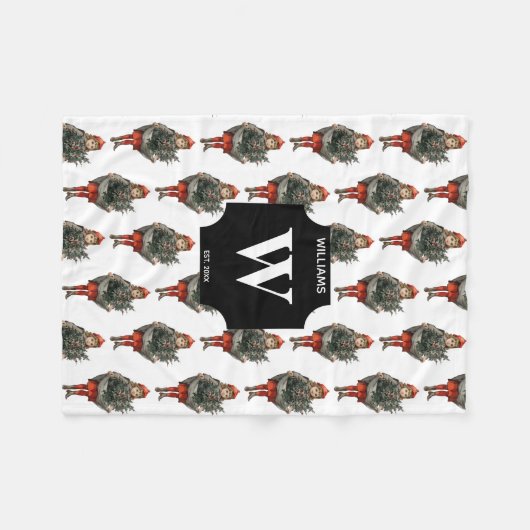 Weihnachtsmädchen & Holly Berries Mit Monogramm Fleecedecke (Vorderseite (Horizontal))