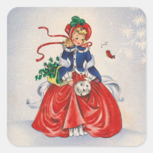 Weihnachtsmädchen im Kleid Quadratischer Aufkleber