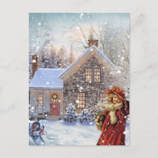 Weihnachtsmädchen im Schnee Feiertagspostkarte (Vorderseite)