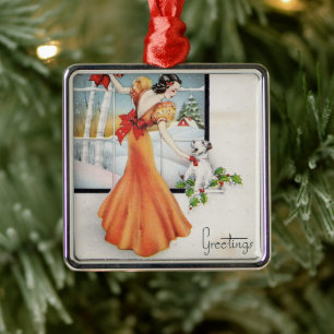Weihnachtsmädchen im Vintage-Look an einem Fenster Ornament Aus Metall