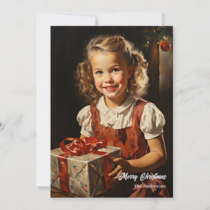 Weihnachtsmädchen im Vintage-Stil lächelt mit Gesc Feiertagskarte
