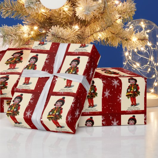 Weihnachtsmädchen im Vintage-Stil, Schneeblumen-Ge Geschenkpapier (Feiertage)
