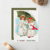 Weihnachtsmädchen in festlichem Jahrgang geben Sti Mitteilungskarte (Vorderseite/Rückseite Beispiel)