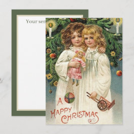 Weihnachtsmädchen in festlichem Jahrgang geben Sti Mitteilungskarte