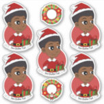 Weihnachtsmädchen mit Afro-Cartoon Aufkleber<br><div class="desc">Set von sieben Vinyl-Aufklebern mit einer Illustration eines niedlich lächelnden afro-amerikanischen Mädchens mit afro-Haarstil, das Mädchen trägt ein Weihnachtskostüm mit einem roten Hut und hält ein Geschenk; in einem roten Kreis auf einem roten Hintergrund, mit einer bearbeitbaren Textvorlage für Ihren Namen oder Ihre Nachricht Machen Sie Ihre Feriensaison noch spezieller,...</div>