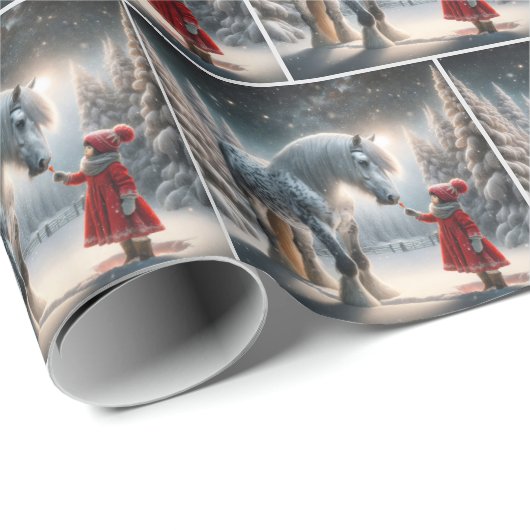 Weihnachtsmädchen mit Apfelpferd Geschenkpapier (Rolleneckpunkt)