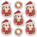 Weihnachtsmädchen mit braunem, gewelltem Haar Aufkleber<br><div class="desc">Set von sieben Vinyl-Aufklebern mit einer Illustration eines niedlichen lächelnden Mädchens mit langen braunen, gewellten Haaren, trägt das Mädchen ein Weihnachtskostüm mit einem roten Hut und hält ein Geschenk. Machen Sie Ihre Ferienzeit in diesem Jahr noch etwas ganz Besonderes, indem Sie sich oder Ihre Lieben auf einer Vielzahl von Produkten...</div>