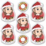 Weihnachtsmädchen mit braunem, gewelltem Haar Aufkleber<br><div class="desc">Set von sieben Vinyl-Aufklebern mit einer Illustration eines niedlichen lächelnden Mädchens mit langen braunen, gewellten Haaren, trägt das Mädchen ein Weihnachtskostüm mit einem roten Hut und hält ein Geschenk. Mit einer anpassbaren Textvorlage für Ihren Namen oder Ihre Nachricht. Machen Sie Ihre Ferienzeit in diesem Jahr noch etwas ganz Besonderes, indem...</div>