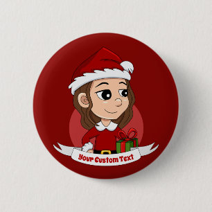 Weihnachtsmädchen mit braunem, gewelltem Haar Button