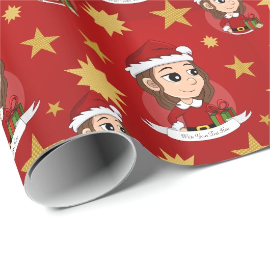 Weihnachtsmädchen mit braunem, gewelltem Haar Geschenkpapier (Rolleneckpunkt)