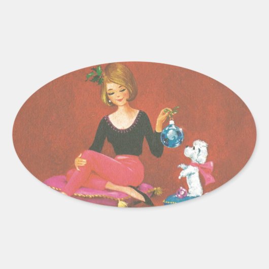 Weihnachtsmädchen mit französischem Poodle Ovaler Aufkleber (Vorderseite)