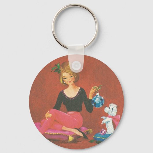 Weihnachtsmädchen mit französischem Poodle Schlüsselanhänger (Vorderseite)