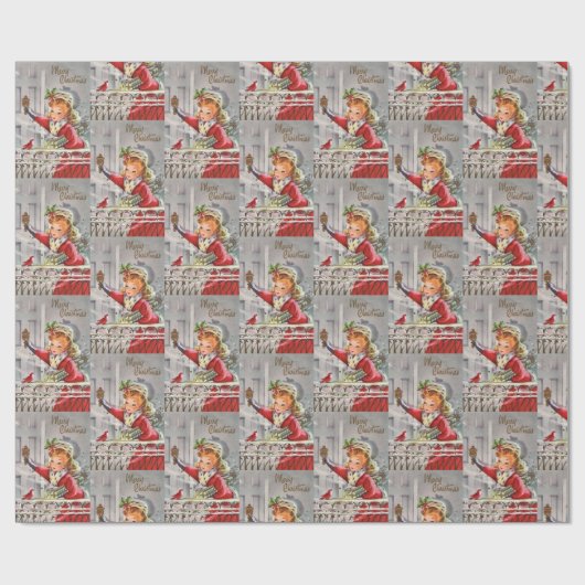 Weihnachtsmädchen mit Geschenken vor der Tür Geschenkpapier (Flach)