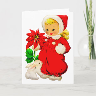 Weihnachtsmädchen mit Häschen im Vintage-Stil Karte